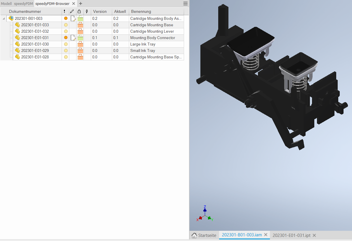 Autodesk Inventor Modellbrowser von speedyPDM zum anzeigen der Referenzierten Dokumente und deren aktuellen Status mit Metadaten und konfigurierbaren Eigenschaften